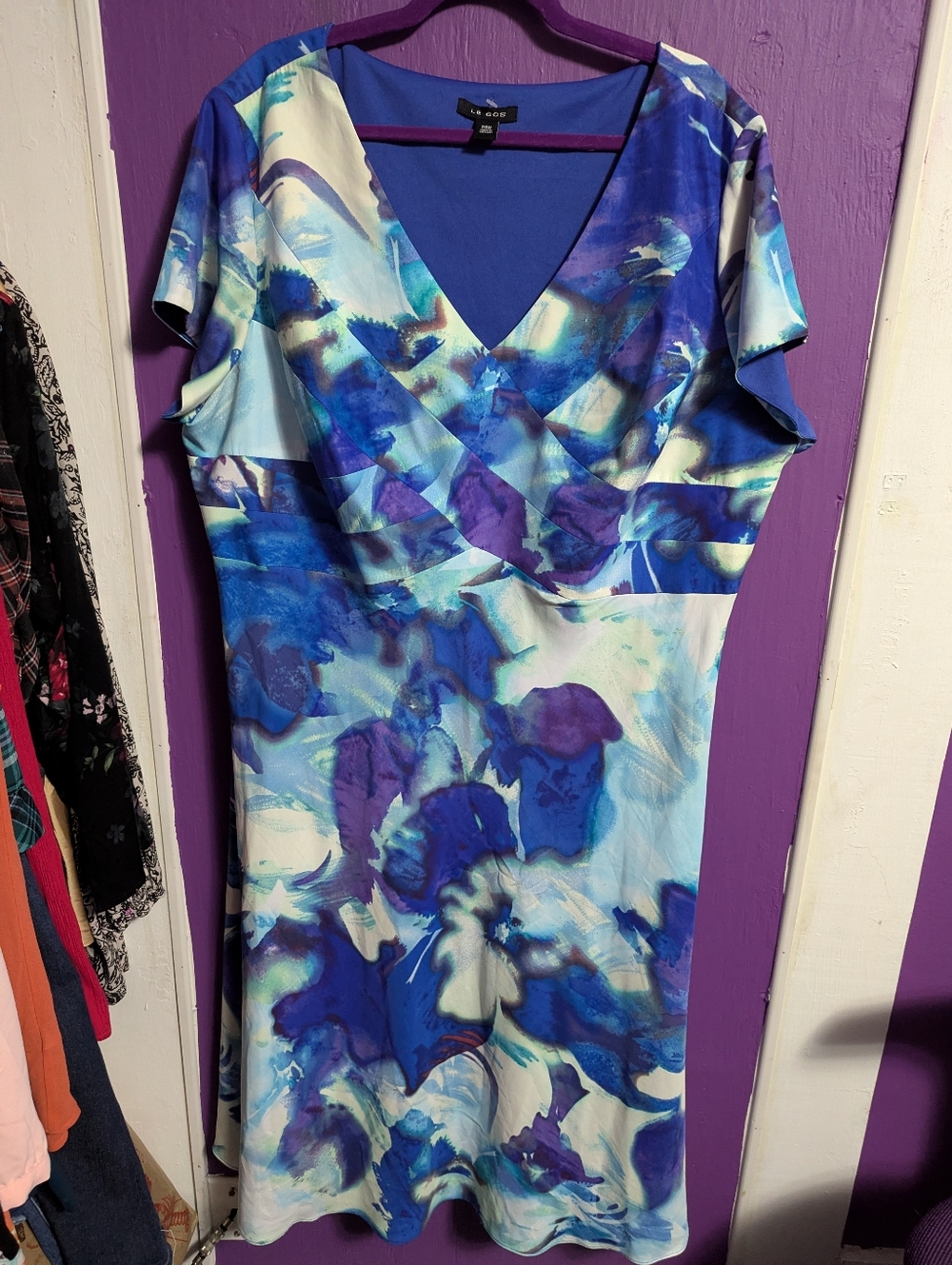 💜 NWOT Le Bos Blue Tie Dye Floral Silky Short Sleeve Maxi Dress 24 3X